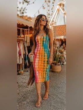 🌈 Cotton Citizen Verona Midi Tank Dress XS | Rainbow Tie Dye | Rare Colorway